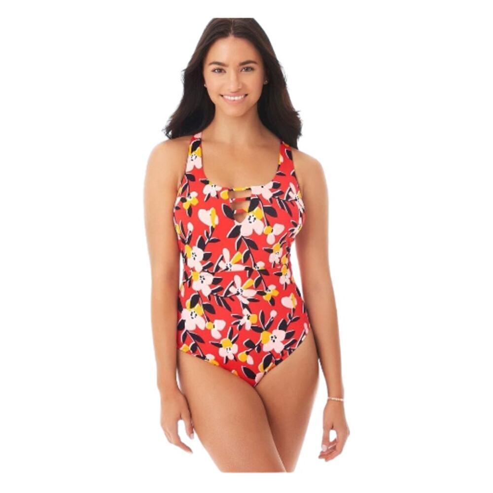 Beach Betty One Piece Swimsuit Womens S Red Tropical Floral Strappy Front NWT